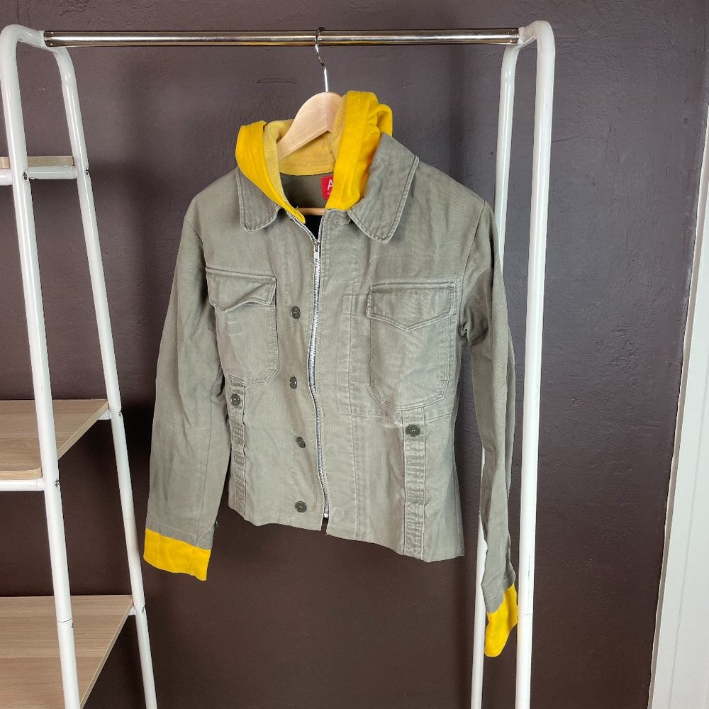 Vintage Flying A Soho Boutique one-of-a-kind jacket, army green w/ yellow hoodie
